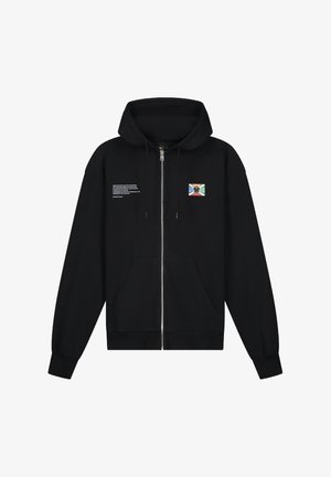 Zwarte zip-up hoodie van katoen met een grote capuchon, twee voorkezen en een grafisch ontwerp met een kleurrijk embleem op de linkerborst.