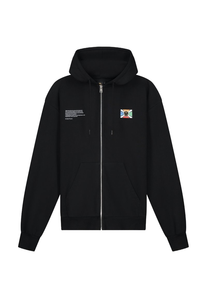Zwarte zip-up hoodie van katoen met een grote capuchon, twee voorkezen en een grafisch ontwerp met een kleurrijk embleem op de linkerborst.