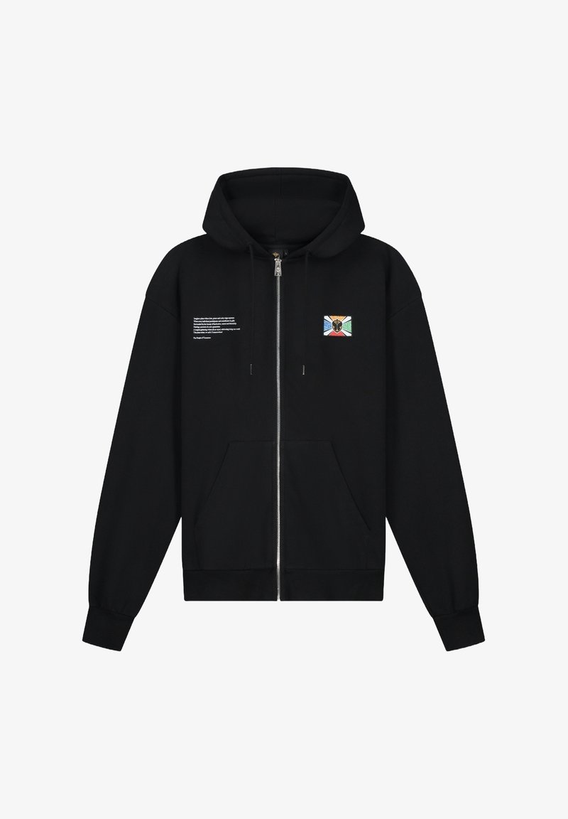 Zwarte zip-up hoodie van katoen met een grote capuchon, twee voorkezen en een grafisch ontwerp met een kleurrijk embleem op de linkerborst.