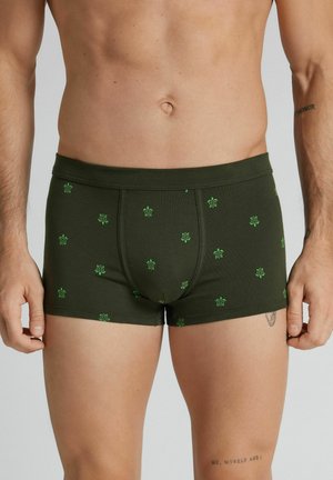 Mand iført mørkegrønne boksershorts med små lysegrønne skildpadde mønstre, stående med armene afslappet ned langs siden.