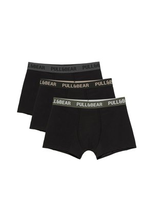 Trois paires de boxers noirs pour hommes avec ceintures élastiques en gris, marron et vert foncé, tous portant le logo "PULL&BEAR".
