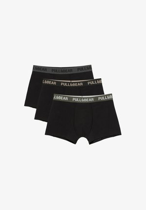 Trois paires de boxers noirs pour hommes avec ceintures élastiques en gris, marron et vert foncé, tous portant le logo "PULL&BEAR".
