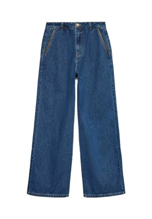 Tumši zils denimam platā kāju bikses ar augstu jostasvietu, priekšējām kabatām ar kontrastējošo stīgu un klasisku pogu aizdari.