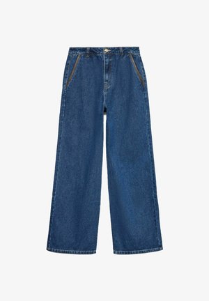 Tamsiai mėlyni plati džinsai su aukšta juosmens linija, priekinėmis kišenėmis su kontrastinėmis siūlėmis ir klasikiniu mygtuko užsegimu.