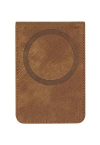 Brown leather wallet with a textured surface and stitched edges, featuring a circular embossed detail on the front.