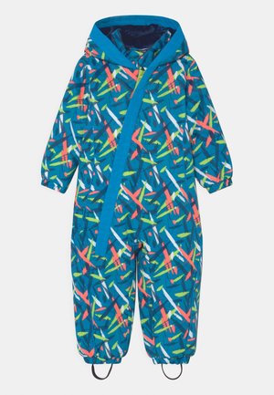 Colorful patterned snowsuit in blue, featuring neon green, pink, and white abstract designs. Includes a hood and elastic cuffs with loops.
