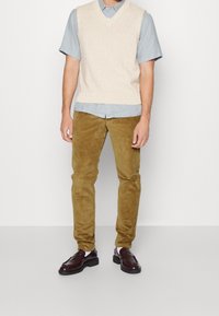 Beige gebreid vest over een lichtblauw overhemd met kraag, gecombineerd met bruine ribfluwelen broek en donkerbruine instapschoenen.