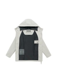 Giacca con cappuccio grigio chiaro con fodera in rete nera, tasca interna con cerniera ed etichetta con istruzioni per la cura stampata sul lato sinistro.