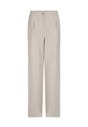 Beige weitem Bein Hose mit Vorderfalten, elastischem Bund auf der Rückseite und einem einzigen Knopfverschluss, aus glattem Stoff ohne sichtbare Muster.
