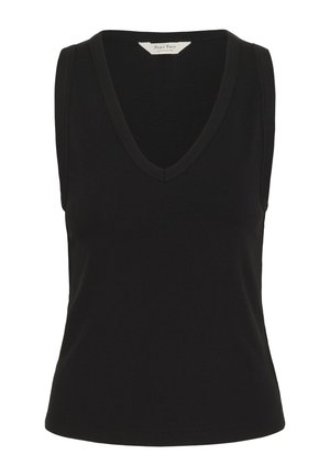 Top negru fără mâneci, tricotat cu dungi și decolteu în V, cu croială strâmtă, etichetat „Part Two” pe partea internă a gulerului.