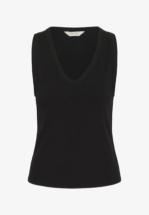 Top negru fără mâneci, tricotat cu dungi și decolteu în V, cu croială strâmtă, etichetat „Part Two” pe partea internă a gulerului.