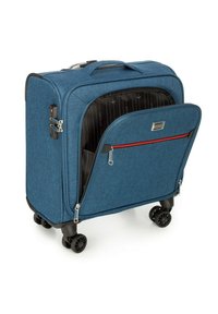 Valise en tissu bleu avec une poche avant zippée, un intérieur noir avec un motif rayé, et quatre roues noires pour la mobilité.