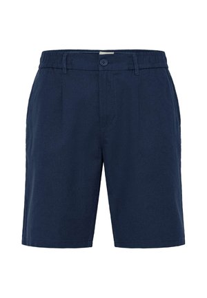 Marineblå herreshorts med knappelukking, beltestropper og elastisk midjeseksjon.