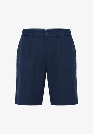 Marineblå herreshorts med knappelukking, beltestropper og elastisk midjeseksjon.