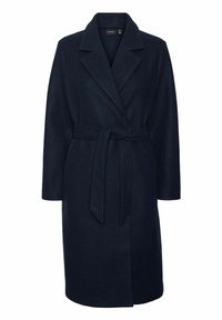 Cappotto di lana blu navy con colletto a revers, vita cintata e maniche lunghe; presenta un'apertura frontale e due tasche laterali.