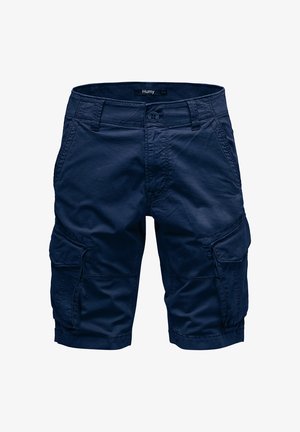 Navy Cargo-Shorts aus einem Baumwoll-Mix-Gewebe, mit mehreren Seitentaschen, Gürtelschlaufen und einem Knopfverschluss an der Taille.