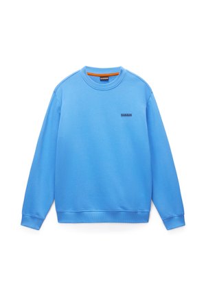 Hellblaues Sweatshirt mit Rundhalsausschnitt, langen Ärmeln, kleinem marineblauem Logo auf der linken Brust sowie gerippten Bündchen und Saum.
