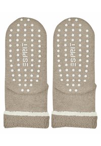Beżowe bawełniane skarpetki do kostki z teksturowanymi punktami grip w białym kolorze, z prążkowanym wzorem i kontrastowym kremowym mankietem.