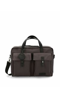 Sac messager rectangulaire gris foncé avec deux poches avant à rabat, poignées en cuir noir et une bandoulière réglable.