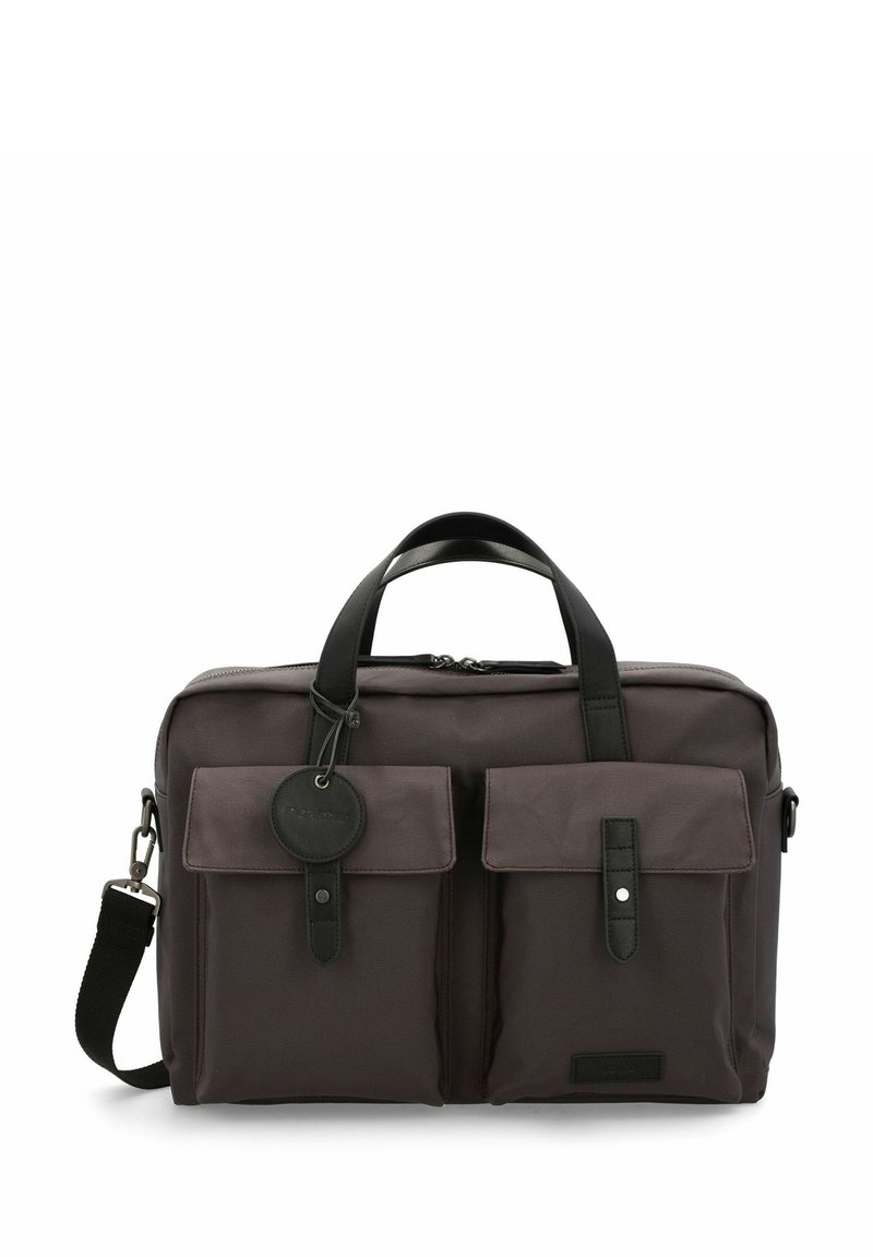 Sac messager rectangulaire gris foncé avec deux poches avant à rabat, poignées en cuir noir et une bandoulière réglable.