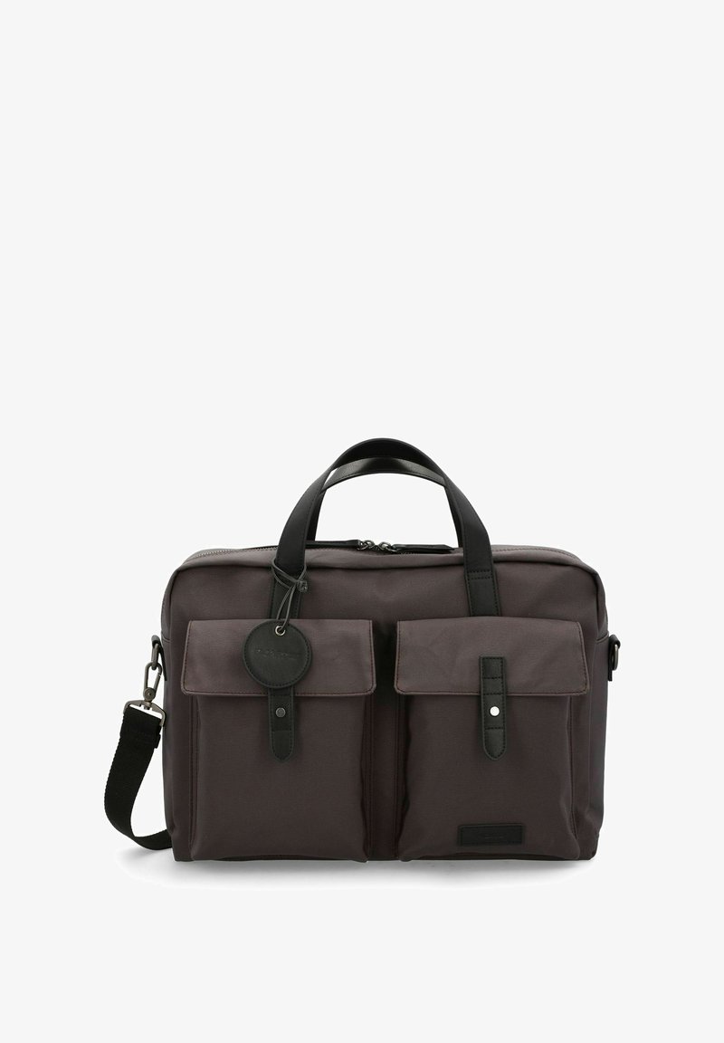 Sac messager rectangulaire gris foncé avec deux poches avant à rabat, poignées en cuir noir et une bandoulière réglable.