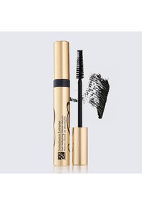 Goldfarbene Mascara-Tube mit schwarzem Band, ausgestattet mit einem gebogenen Applikatorpinsel und einem Schmutz aus schwarzer Mascara. Text lautet "Sumptuous Extreme."