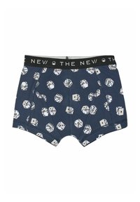 Boxeri scurți bleumarin cu un model de zaruri albe și talie neagră având textul și logo-ul "THE NEVI".