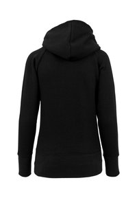 Sudadera negra de manga larga vista desde atrás, con capucha y puños y dobladillo acanalados, sobre un fondo blanco.
