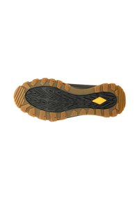 Suola della scarpa con una base in gomma nera caratterizzata da tappi di trazione multidirezionali, e un intersuola beige con un dettaglio giallo.