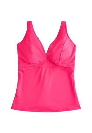 Svetloružový tielkový plavkový top s hlbokým výstrihom do V a priliehavým prsným dielom, zobrazený na bielom pozadí.