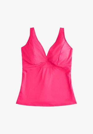 Top da bagno senza maniche rosa acceso con scollo profondo a V e busto aderente, mostrato disteso su sfondo bianco.