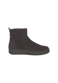 Zwarte suède enkellaarsjes met een zijrits, ronde neus en gestructureerde rubberen zool. Kenmerkt zich door een lage hak en een minimalistisch ontwerp.