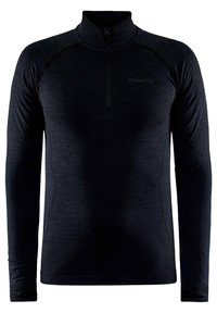 Zwarte pullover met lange mouwen, hoge kraag, kwart-rits aan de voorkant en textuur op de mouwen. Bevat een subtiele logo op de borst. Glad stof.