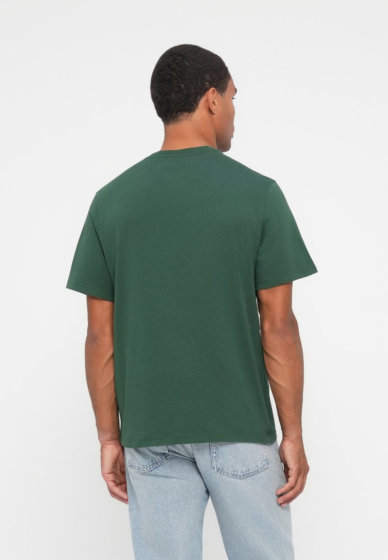 Grünes Baumwoll-T-Shirt mit lässiger Passform, kurzen Ärmeln, flachen Nähten und Rundhalsausschnitt, von hinten vor einem weißen Hintergrund betrachtet.