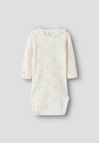 Body bébé crème à manches longues, avec un col délicatement froncé, une texture ajourée et un subtil motif de branche florale beige.