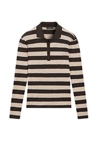 Langärmliges Polohemd in Beige mit dunkelbraunen Streifen, ausgestattet mit einem geknöpften Kragen und weichem Stoff mit glatter Textur.