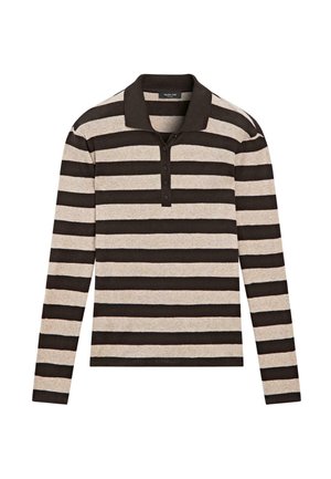 Polo met lange mouwen in beige en donkerbruine strepen, met een kraag met knopen en zachte stof met een gladde textuur.
