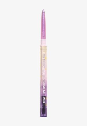 Crayon eyeliner gel rétractable violet et transparent étiqueté "Supernova Multichrome Gel Liner" avec un capuchon rose transparent.