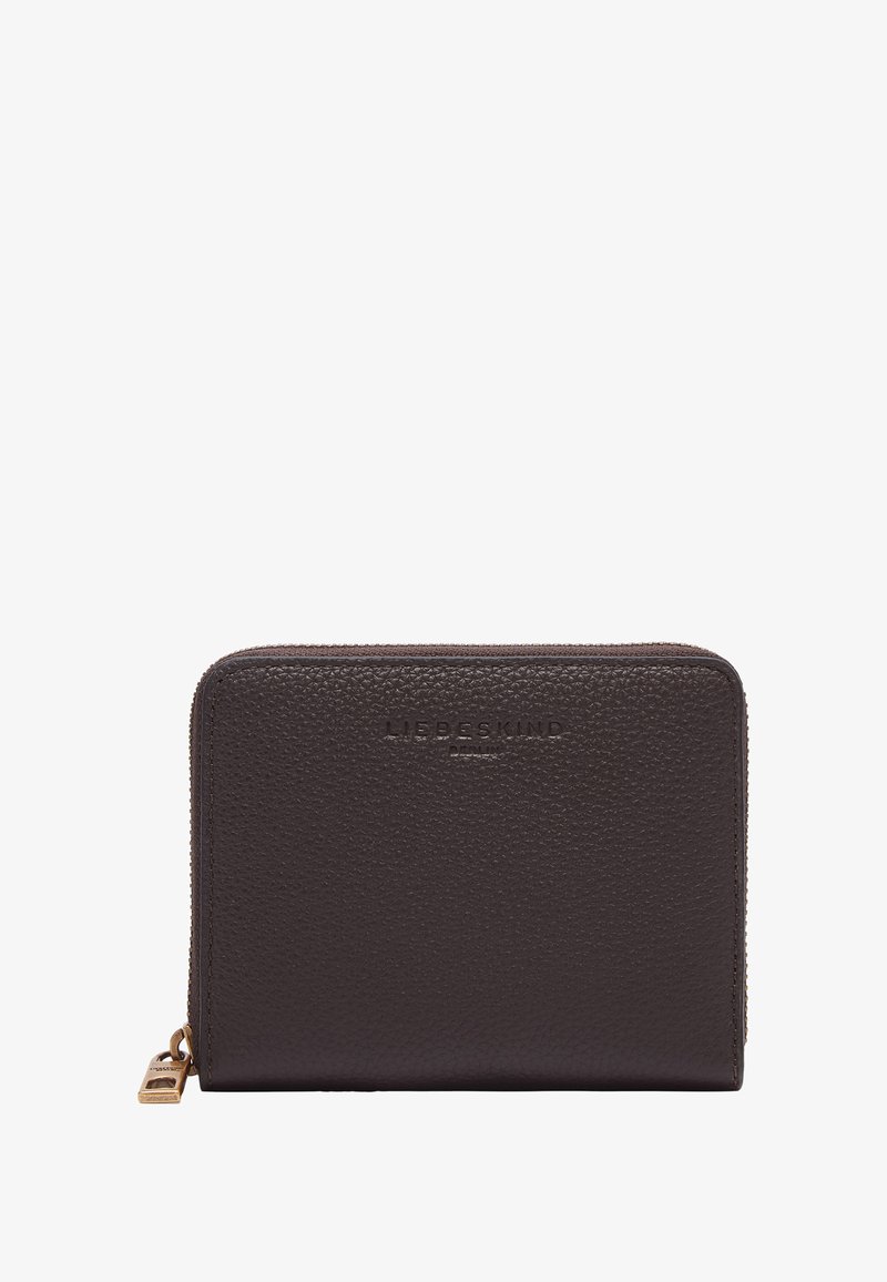 Reißverschluss-Brieftasche aus dunkelbraunem, genarbtem Leder. Verfügt über ein geprägtes Markenlogo, einen Metallreißverschluss-Anhänger und saubere Nähte an den Rändern.