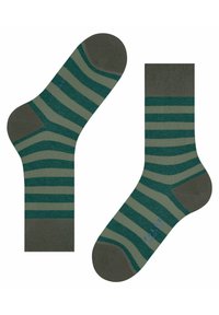 Gestreifte Socken in dunkelgrün und hellgrün. Material aus Baumwollmischung mit glatter Textur. Verfügt über verstärkte Fersen- und Zehenbereiche.