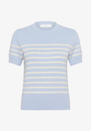 Svetlo modra kratkoročna majica s kremastimi vodoravnimi črtami. Ima okroglo ovratnico in rebrast rob; izdelana iz mehkega pletenega materiala.