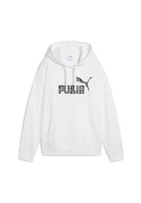 Felpa bianca con cappuccio realizzata in tessuto morbido, dotata di una tasca frontale a marsupio. Presenta un grande logo Puma grigio e testo grafico sul petto.