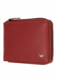 Petit portefeuille rouge en cuir avec fermeture éclair et petit emblème de logo argenté dans le coin avant.