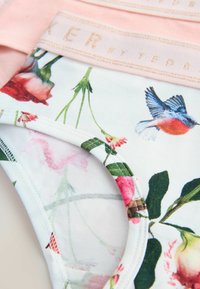 Donje rublje s cvjetnim uzorkom koji prikazuje ruže, zelene listove i plavu i narančastu pticu, s gornjim dijelom u svijetloružičastoj boji s suptilnim tekstom.