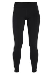 Leggings deportivos negros con una cinturilla alta, con rayas laterales blancas. Fabricados con un material elástico y suave. Sin patrones visibles ni elementos metálicos.