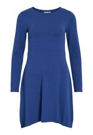 Blauwe lange mouw jurk gemaakt van zachte stof, met een aansluitend lijfje, uitlopende zoom en ronde halslijn. Glad textuur, geen zichtbare patronen.