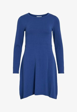 Modra obleka z dolgimi rokavi, izdelana iz mehke tkanine, s prilegajočim bodijem, razširjenim robom in okroglim izrezom. Gladka tekstura, brez vidnih vzorcev.