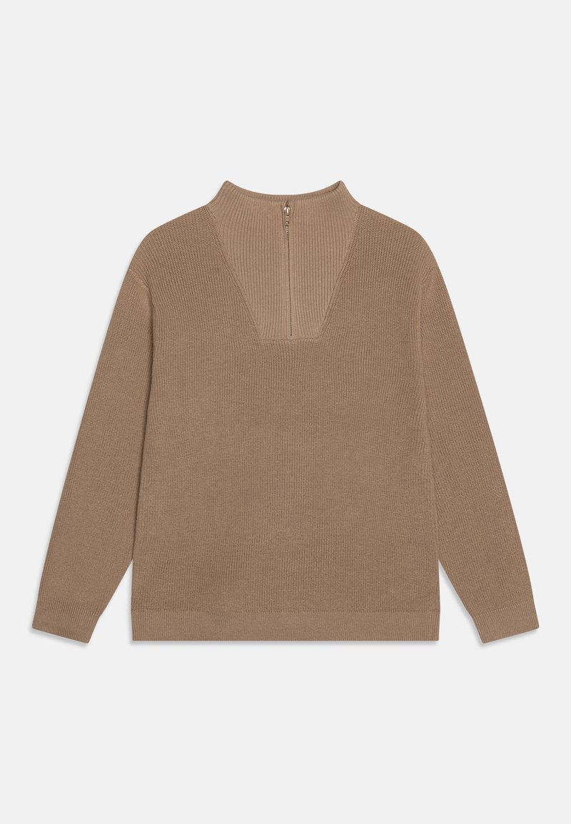 Pull en laine beige avec un col montant, un décolleté en V et une fermeture éclair au dos. Présente une texture côtelée et des manches longues.