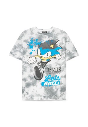 Szary T-shirt z krótkim rękawem w stylu tie-dye z grafiką Sonic the Hedgehog i niebieskim napisem "Let's Roll!" z przodu.