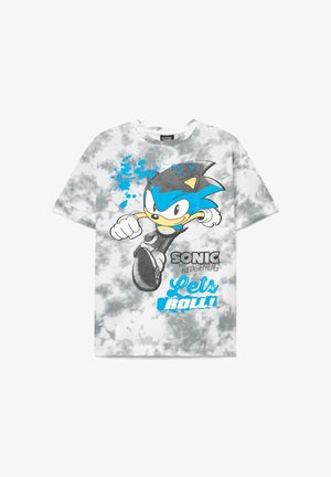 T-shirt grigia manica corta tie-dye con grafica di Sonic the Hedgehog e testo blu "Let's Roll!" sul davanti.